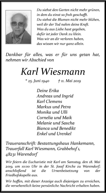 Anzeige von Karl Wiesmann von Westfälische Nachrichten