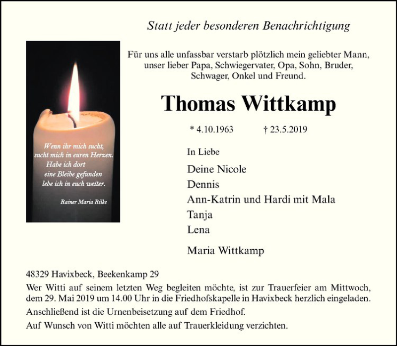  Traueranzeige für Thomas Wittkamp vom 25.05.2019 aus Westfälische Nachrichten