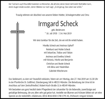 Anzeige von Irmgard Scheck von Westfälische Nachrichten
