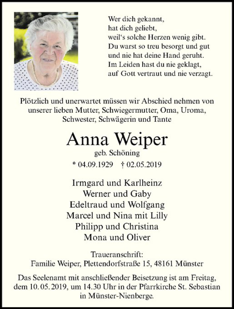  Traueranzeige für Anna Weiper vom 04.05.2019 aus Westfälische Nachrichten