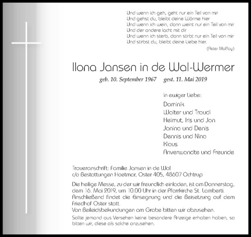  Traueranzeige für Ilona Jansen in de Wal-Wermer vom 14.05.2019 aus Westfälische Nachrichten