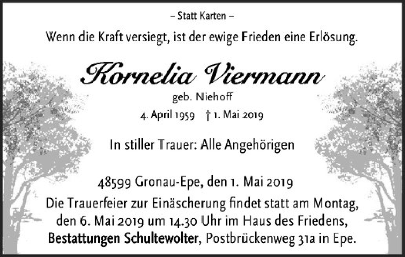  Traueranzeige für Kornelia Viermann vom 03.05.2019 aus Westfälische Nachrichten