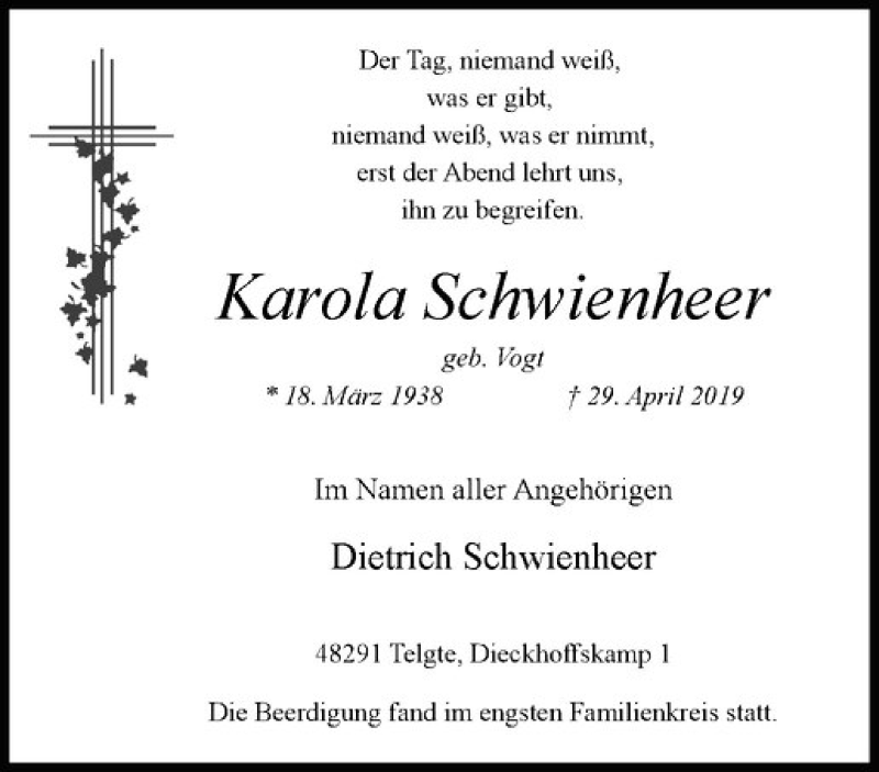  Traueranzeige für Karola Schwienheer vom 25.05.2019 aus Westfälische Nachrichten