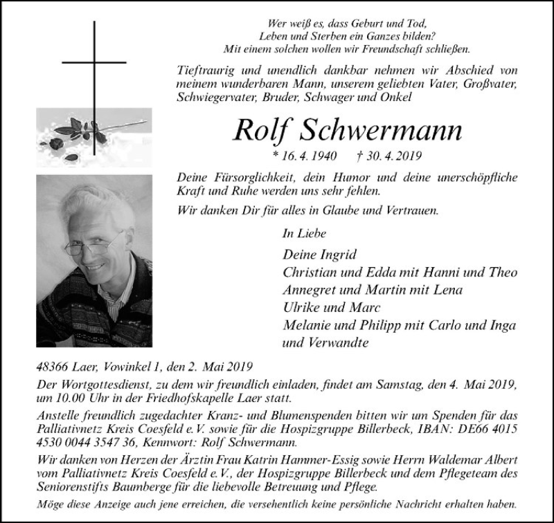  Traueranzeige für Rolf Schwermann vom 03.05.2019 aus Westfälische Nachrichten