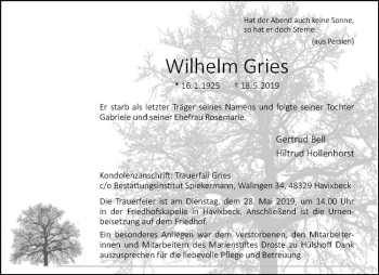 Anzeige von Wilhelm Gries von Westfälische Nachrichten