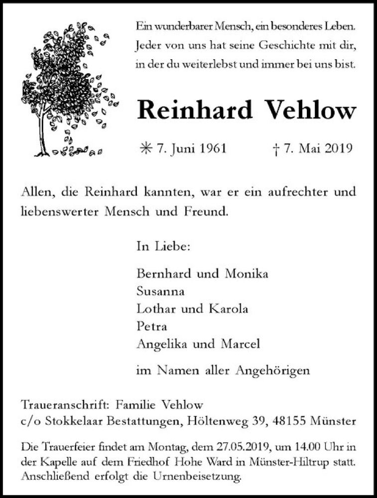  Traueranzeige für Reinhard Vehlow vom 18.05.2019 aus Westfälische Nachrichten