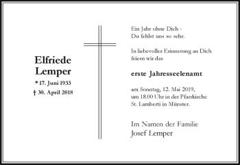 Anzeige von Elfriede Lemper von Westfälische Nachrichten