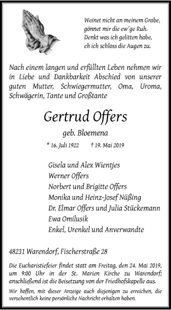 Anzeige von Gertrud Offers von Westfälische Nachrichten