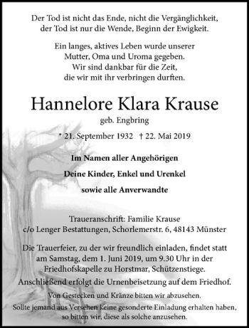 Anzeige von Hannelore Klara Krause von Westfälische Nachrichten
