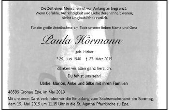 Anzeige von Paula Hörmann von Westfälische Nachrichten
