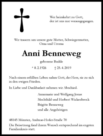 Anzeige von Anni Benneweg von Westfälische Nachrichten