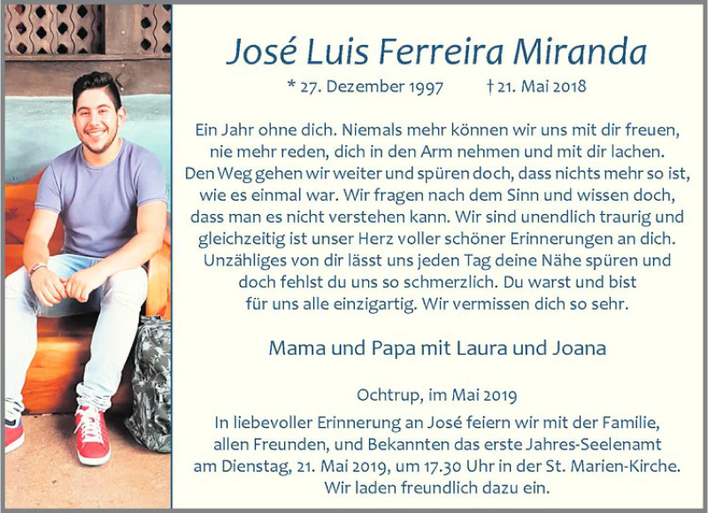  Traueranzeige für Jose Luis Ferreira Miranda vom 18.05.2019 aus Westfälische Nachrichten