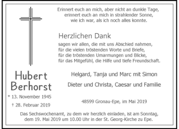 Anzeige von Hubert Berhorst von Westfälische Nachrichten