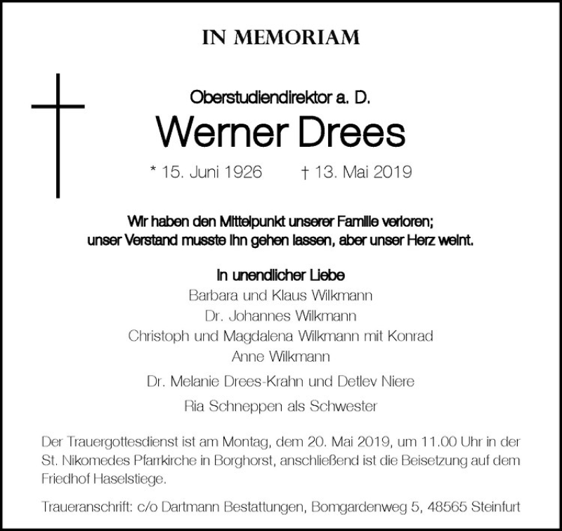  Traueranzeige für Werner Drees vom 15.05.2019 aus Westfälische Nachrichten