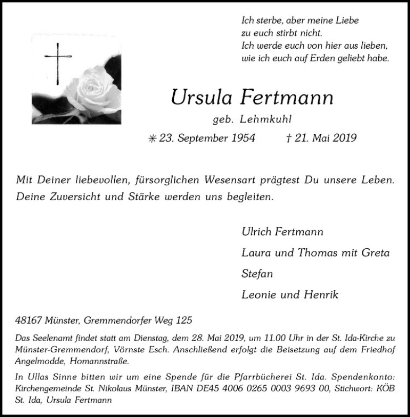  Traueranzeige für Ursula Fertmann vom 25.05.2019 aus Westfälische Nachrichten