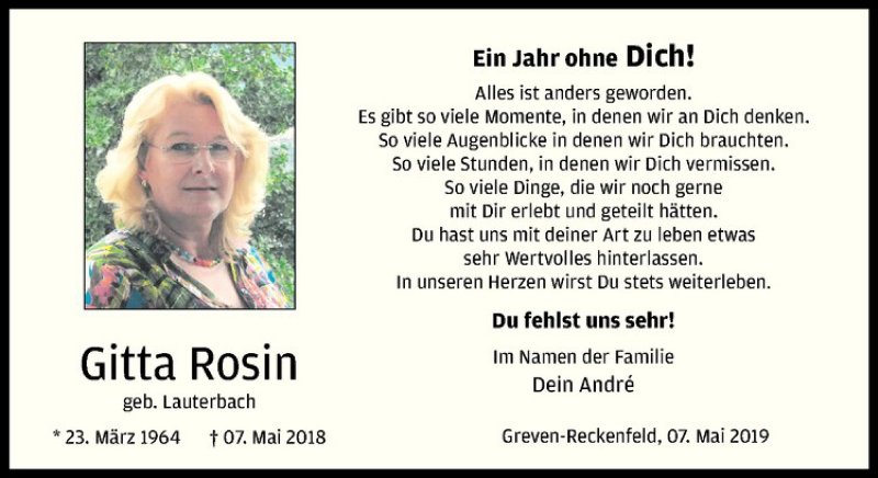  Traueranzeige für Gitta Rosin vom 07.05.2019 aus Westfälische Nachrichten