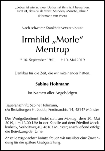 Anzeige von Irmhild Mentrup von Westfälische Nachrichten