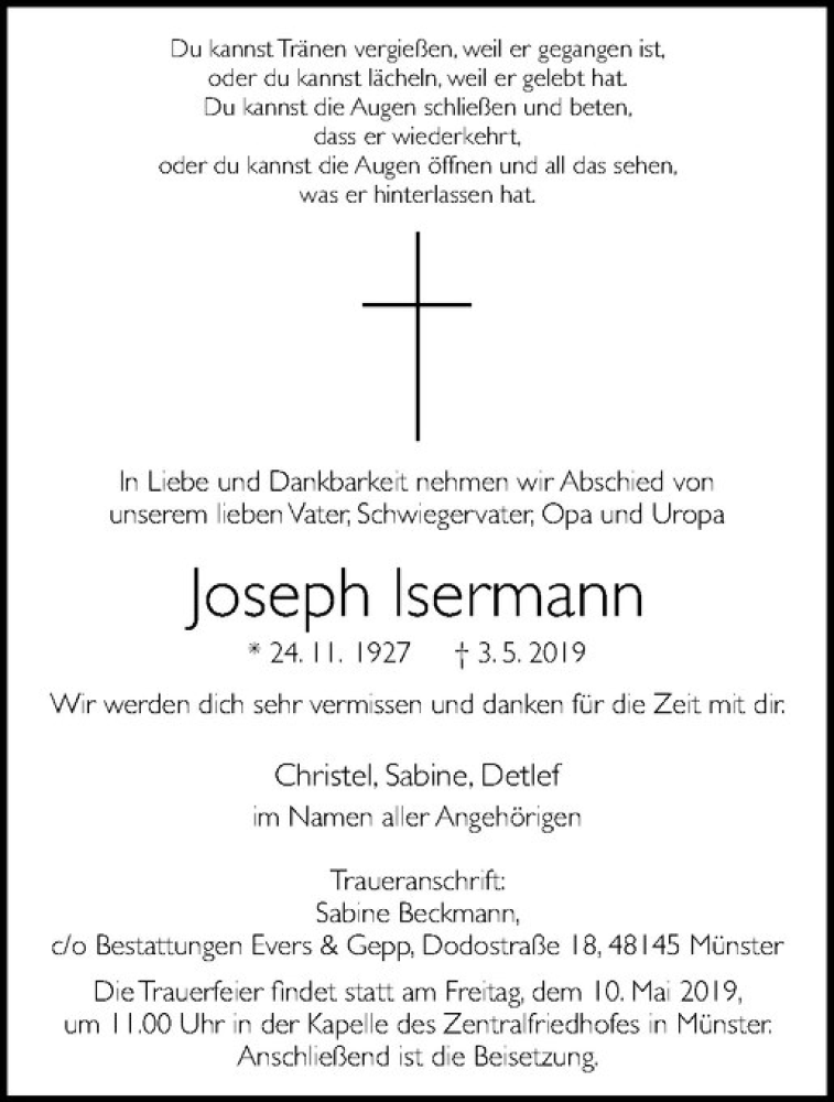  Traueranzeige für Joseph lsermann vom 08.05.2019 aus Westfälische Nachrichten