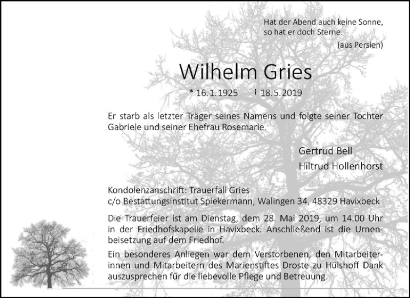  Traueranzeige für Wilhelm Gries vom 25.05.2019 aus Westfälische Nachrichten