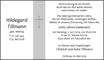 Anzeige von Hildegard Tillmann von Westfälische Nachrichten