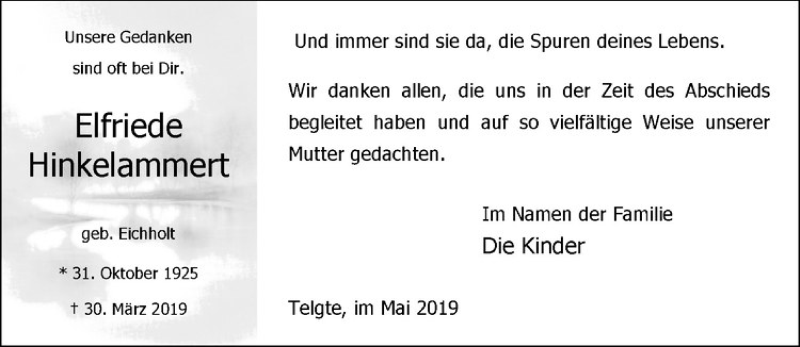  Traueranzeige für Elfriede Hinkelammert vom 11.05.2019 aus Westfälische Nachrichten