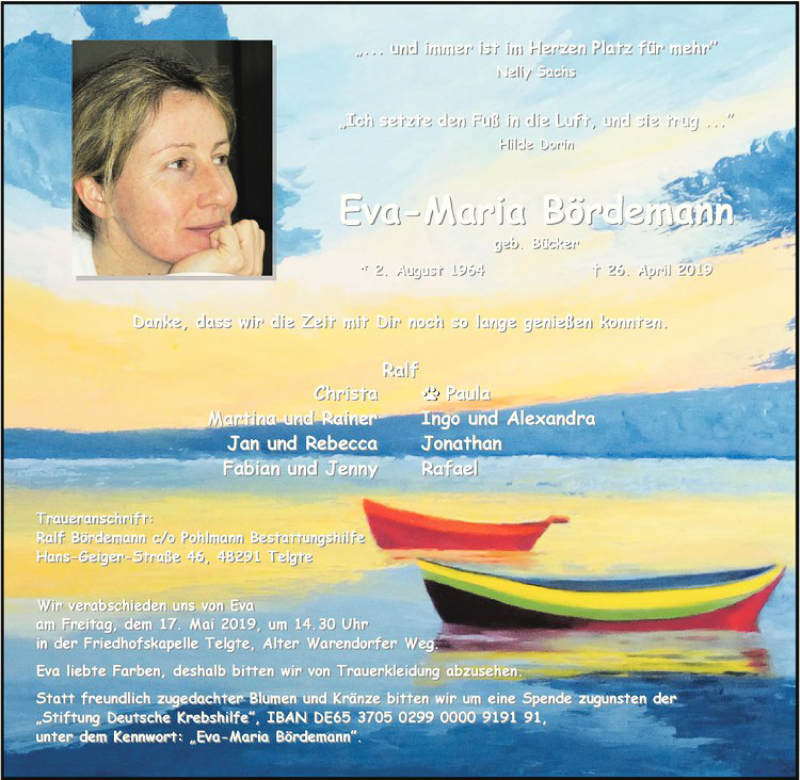  Traueranzeige für Eva-Maria Bördemann vom 11.05.2019 aus Westfälische Nachrichten