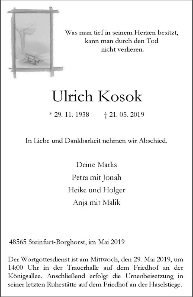  Traueranzeige für Ulrich Kosok vom 25.05.2019 aus Westfälische Nachrichten