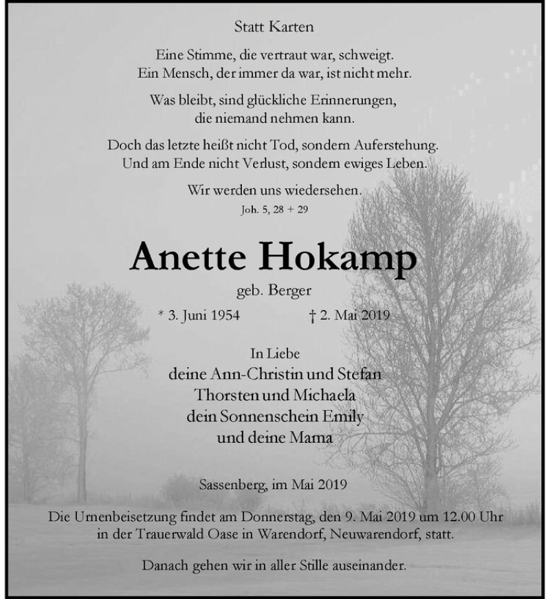  Traueranzeige für Anette Hokamp vom 04.05.2019 aus Westfälische Nachrichten