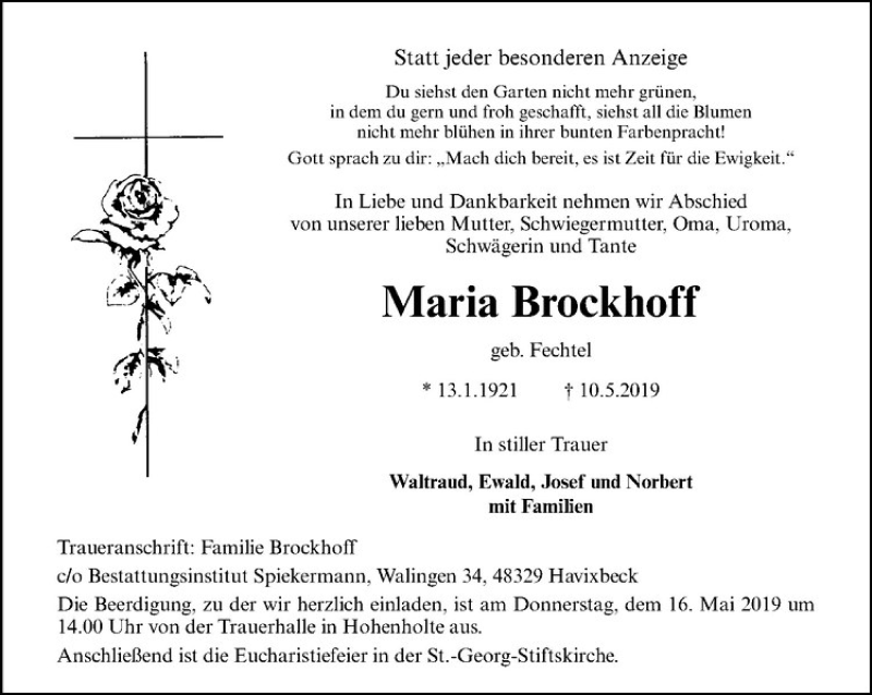  Traueranzeige für Maria Brockhoff vom 14.05.2019 aus Westfälische Nachrichten