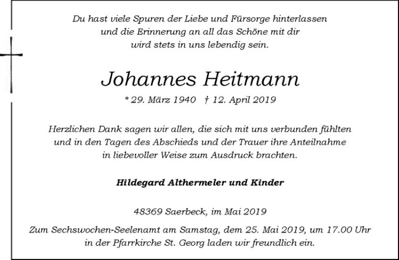  Traueranzeige für Johannes Heitmann vom 21.05.2019 aus Westfälische Nachrichten