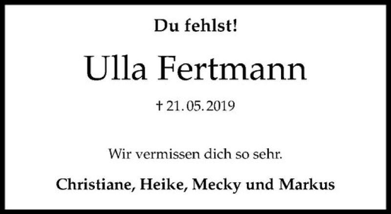  Traueranzeige für Ursula Fertmann vom 25.05.2019 aus Westfälische Nachrichten