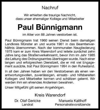 Anzeige von Paul Bünnigmann von Westfälische Nachrichten