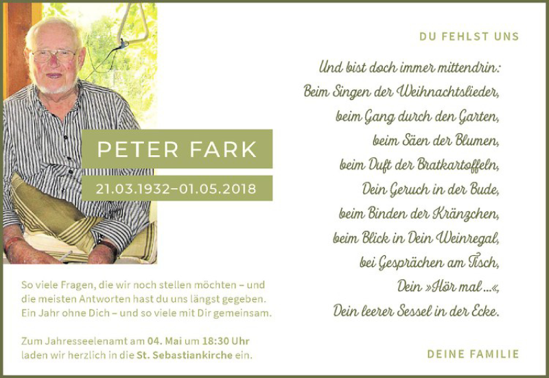  Traueranzeige für Peter Fark vom 04.05.2019 aus Westfälische Nachrichten