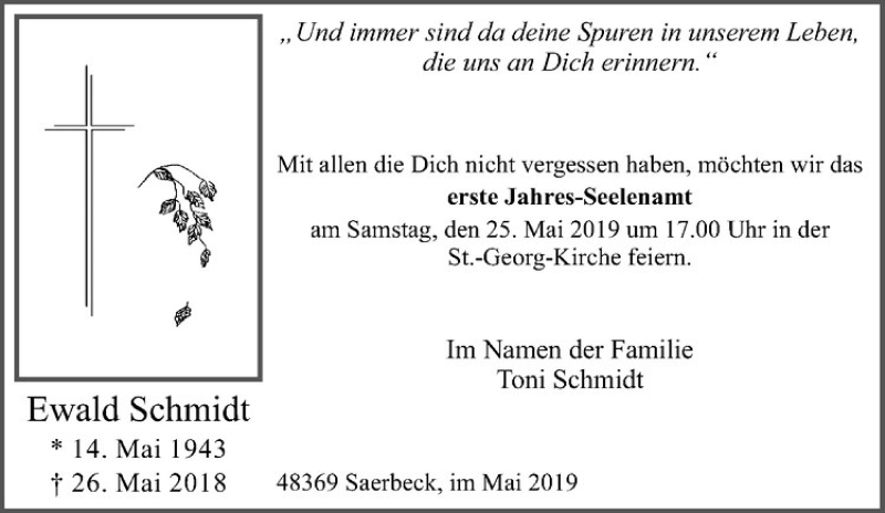  Traueranzeige für Ewald Schmidt vom 23.05.2019 aus Westfälische Nachrichten