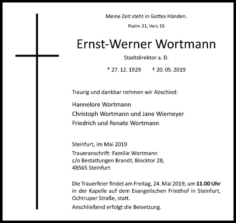  Traueranzeige für Ernst-Werner Wortmann vom 22.05.2019 aus Westfälische Nachrichten