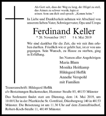 Anzeige von Ferdinand Keller von Westfälische Nachrichten