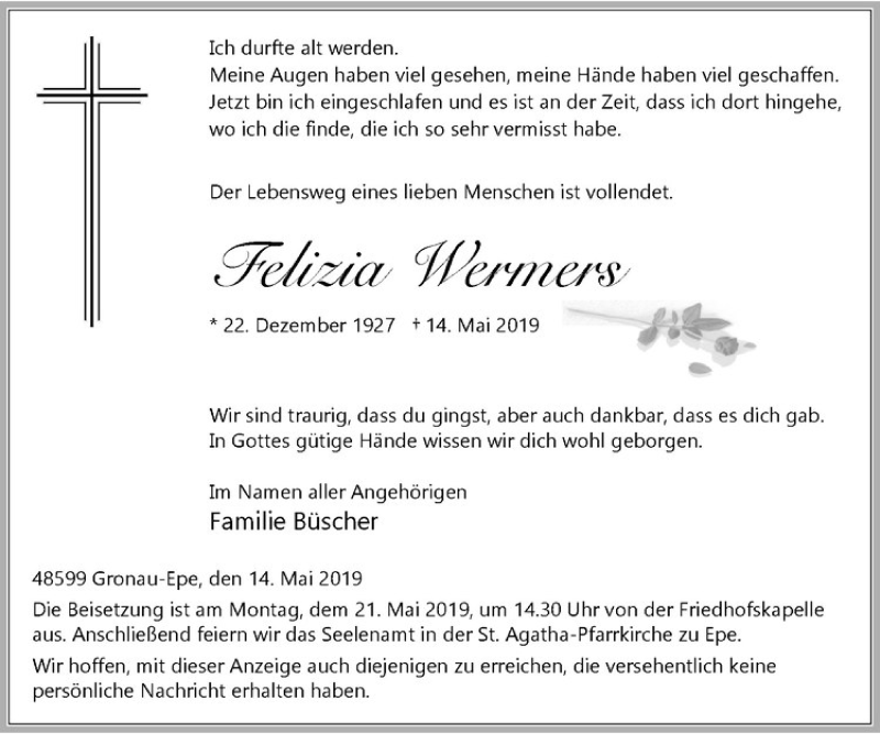  Traueranzeige für Felizia Wermers vom 17.05.2019 aus Westfälische Nachrichten