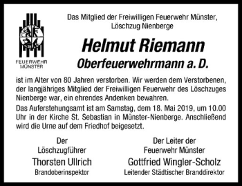 Anzeige von Helmut Riemann von Westfälische Nachrichten