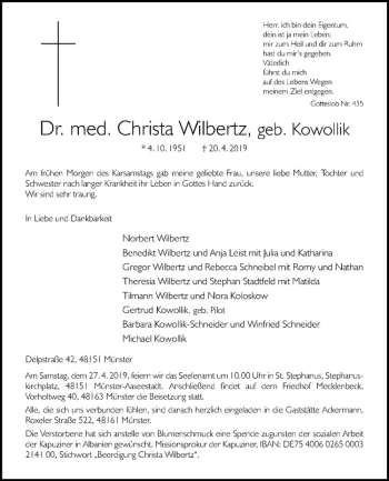 Anzeige von Christa Wilbertz von Westfälische Nachrichten