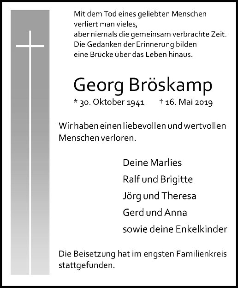  Traueranzeige für Georg Bröskamp vom 25.05.2019 aus Westfälische Nachrichten