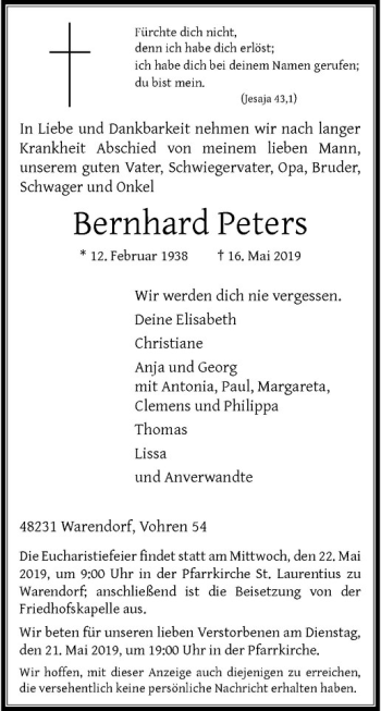 Anzeige von Bernhard Peters von Westfälische Nachrichten
