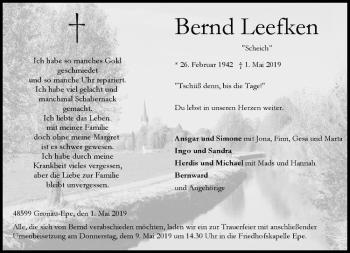 Anzeige von Bernd Leefken von Westfälische Nachrichten