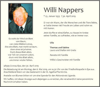 Anzeige von Willi Nappers von Westfälische Nachrichten