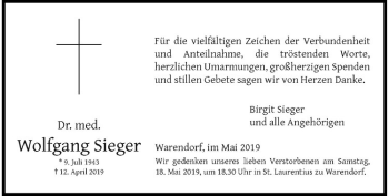 Anzeige von Wolfgang Sieger von Westfälische Nachrichten