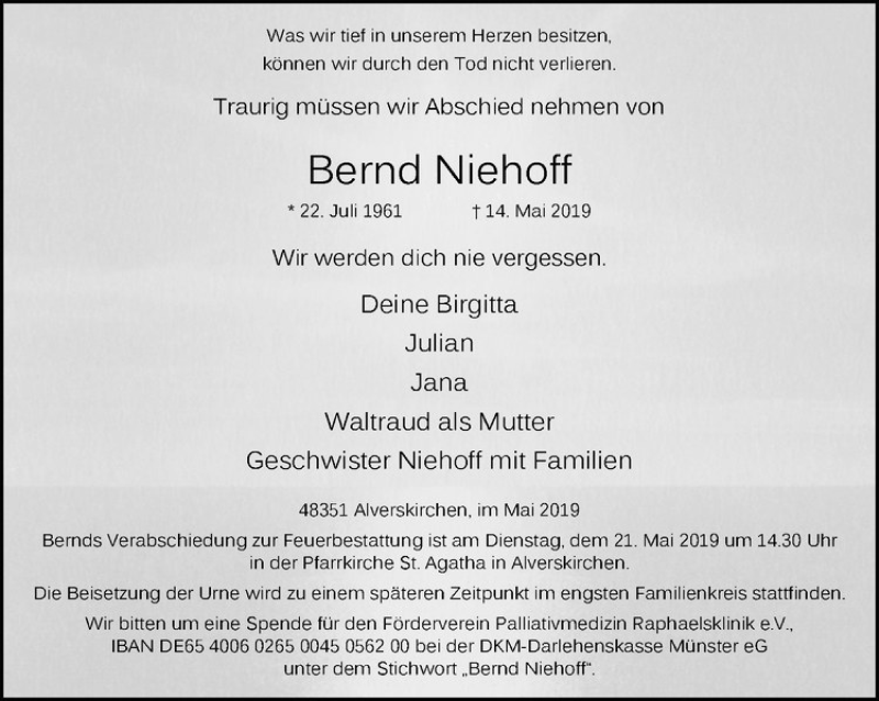  Traueranzeige für Bernd Niehoff vom 17.05.2019 aus Westfälische Nachrichten
