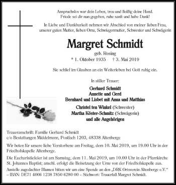 Anzeige von Margret Schmidt von Westfälische Nachrichten