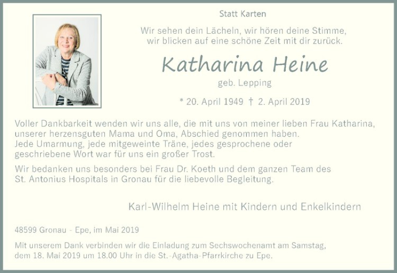  Traueranzeige für Katharina Heine vom 11.05.2019 aus Westfälische Nachrichten