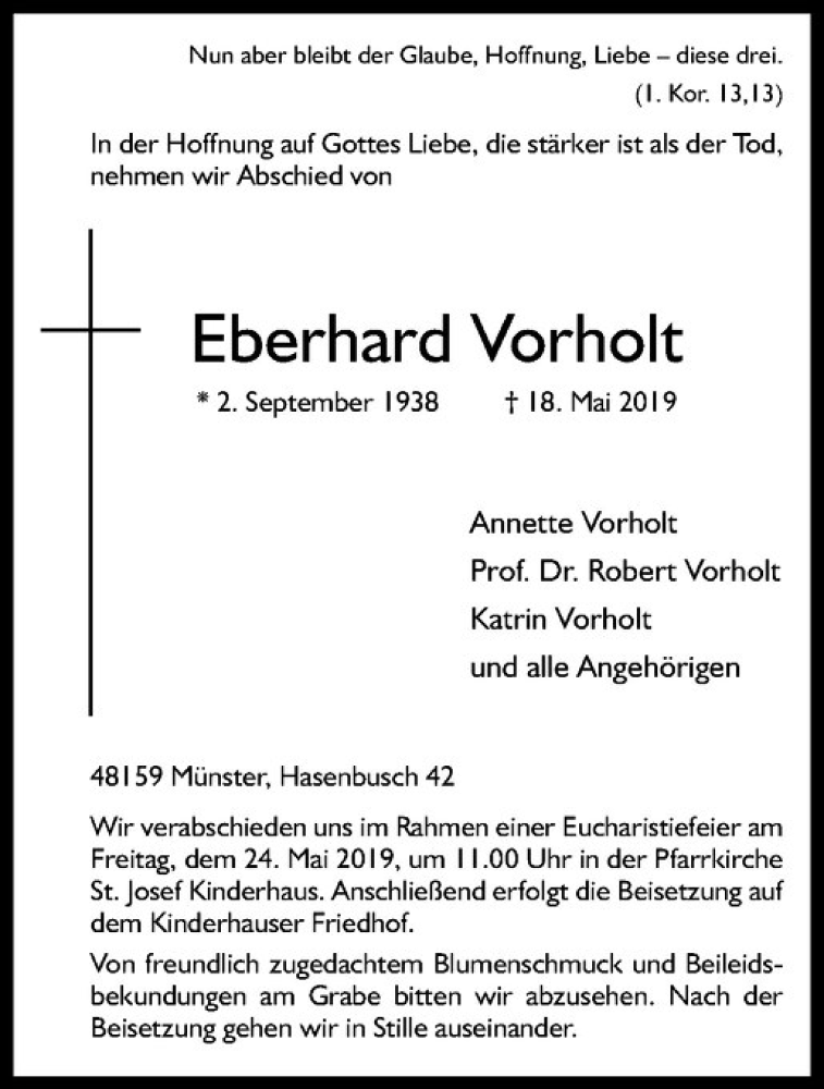 Traueranzeige für Eberhard Vorholt vom 22.05.2019 aus Westfälische Nachrichten