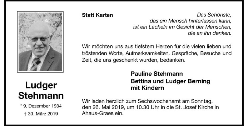  Traueranzeige für Ludger Stehmann vom 21.05.2019 aus Westfälische Nachrichten