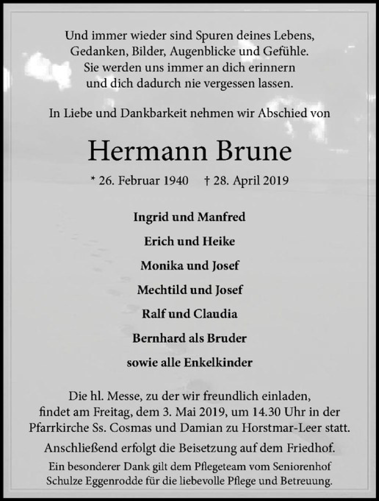  Traueranzeige für Hermann Brune vom 01.05.2019 aus Westfälische Nachrichten